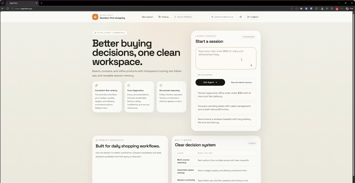AgentCart shopping assistant interface with product search and session tools